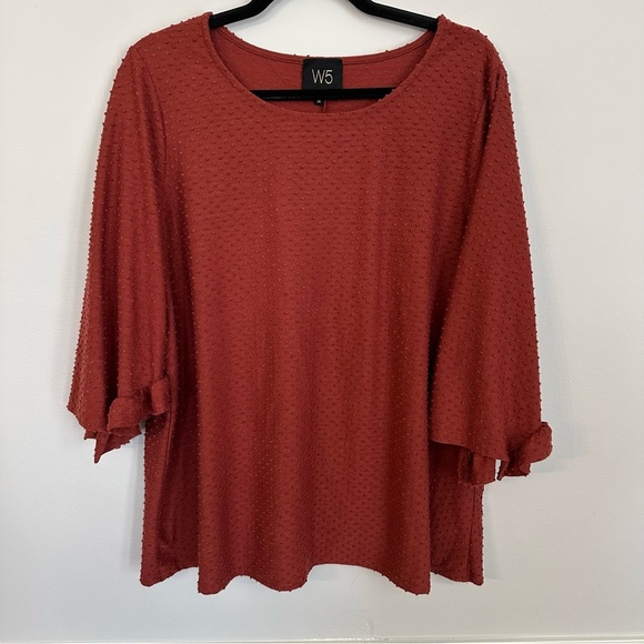 W5 Anthropologie Womens 3/4 Flowy Sleeve Scoop Neck Swiss Dot Rust Top Sz 1X GUC - Picture 2 of 6